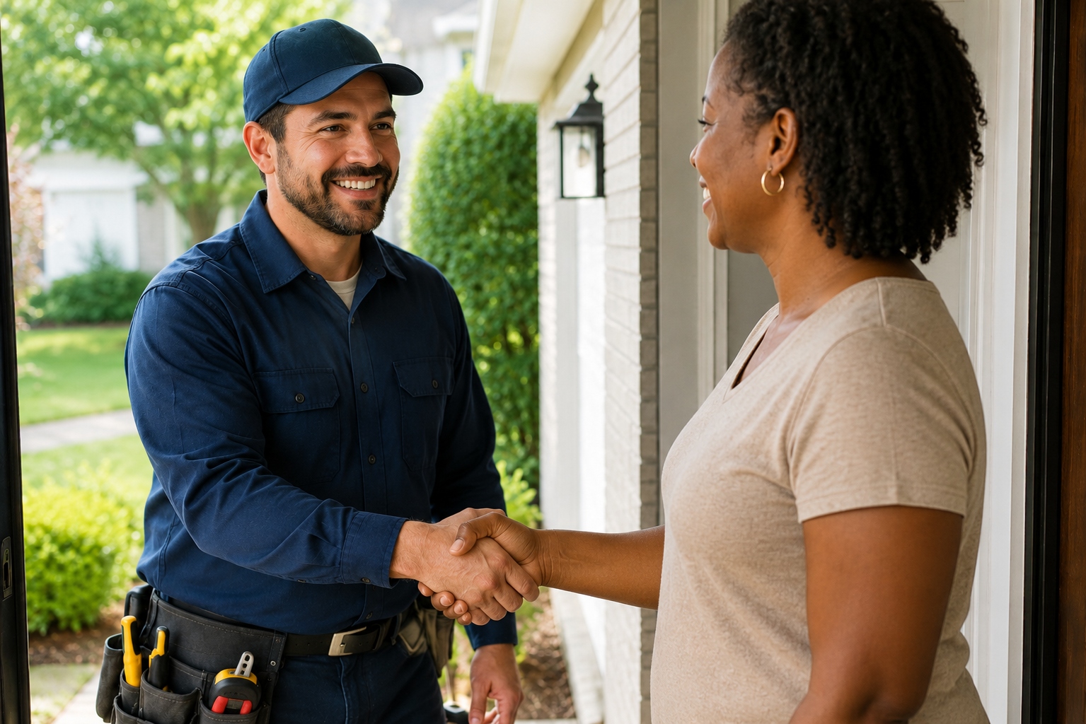 Service contractor greeting homeowner at the door